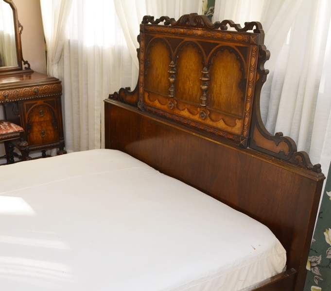 Vintage Jacobean Revival Style Walnut Double Bed