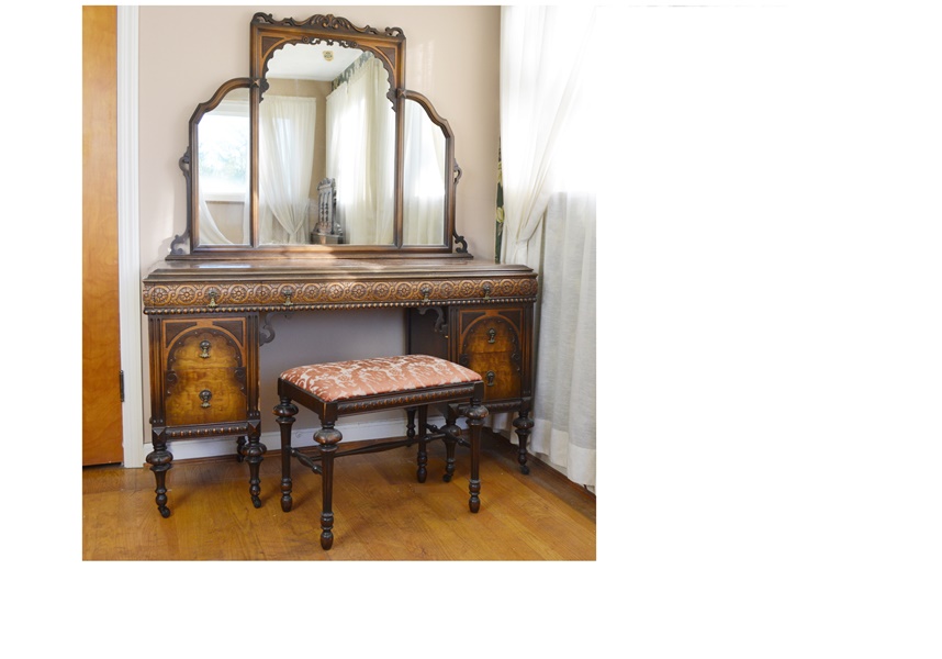 Vintage Jacobean Revival Style Walnut Dressing Table With Bench