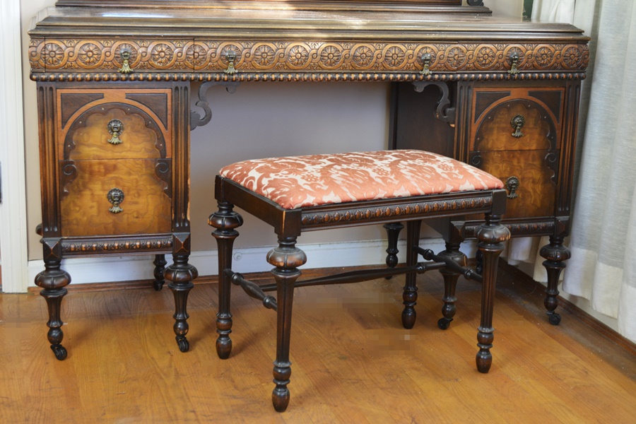 Vintage Jacobean Revival Style Walnut Dressing Table With Bench