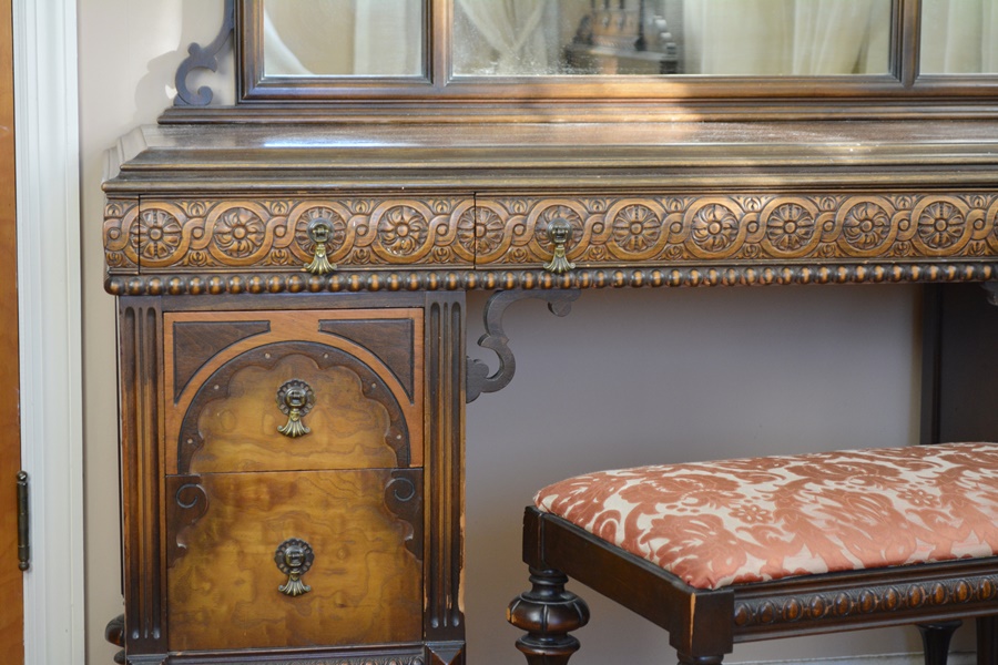 Vintage Jacobean Revival Style Walnut Dressing Table With Bench