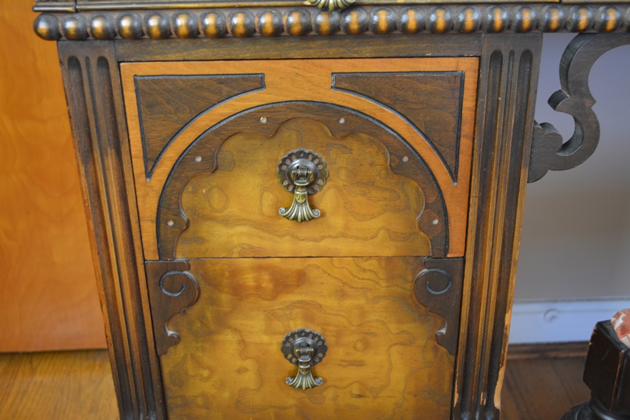 Vintage Jacobean Revival Style Walnut Dressing Table With Bench