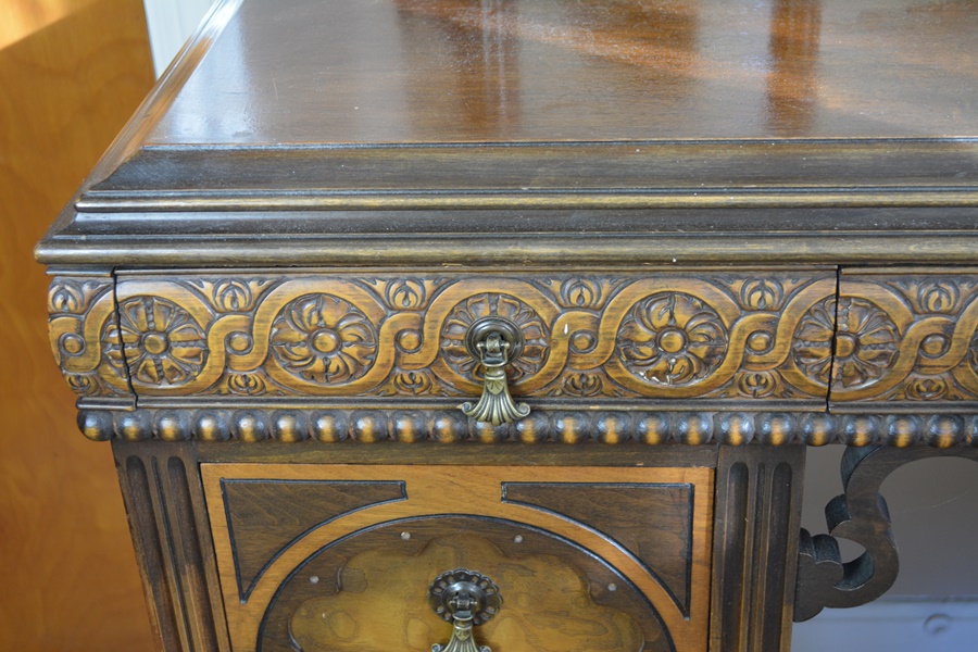 Vintage Jacobean Revival Style Walnut Dressing Table With Bench