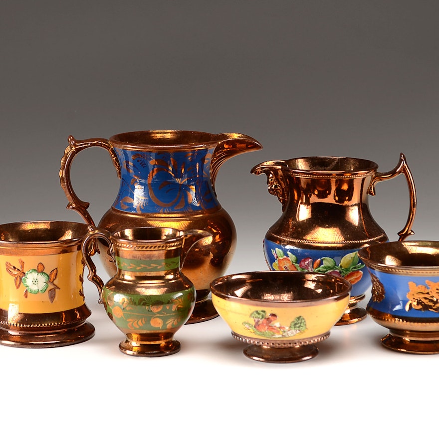 19th Century Copper Lusterware Pitchers, Cup and Bowls