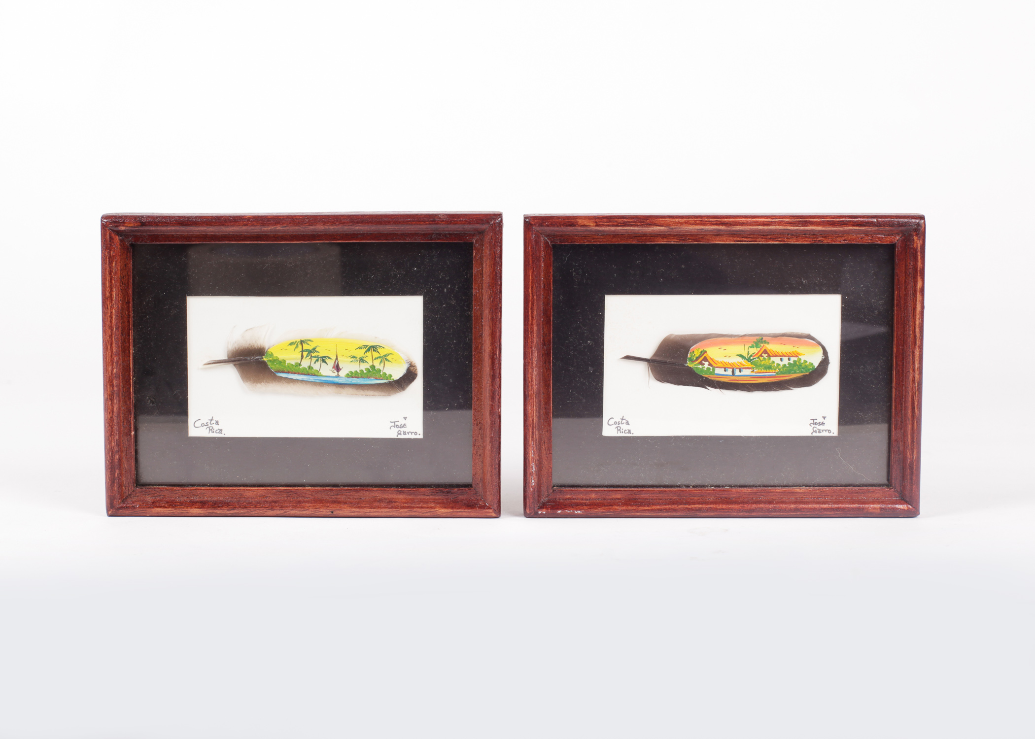 Pair of Framed Jose Garro Painted Feathers features paintings