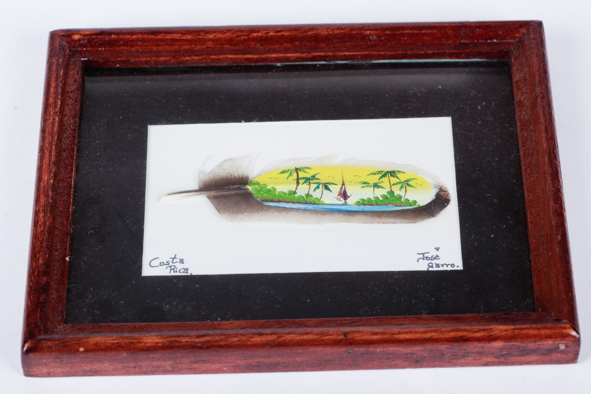 Pair of Framed Jose Garro Painted Feathers features paintings