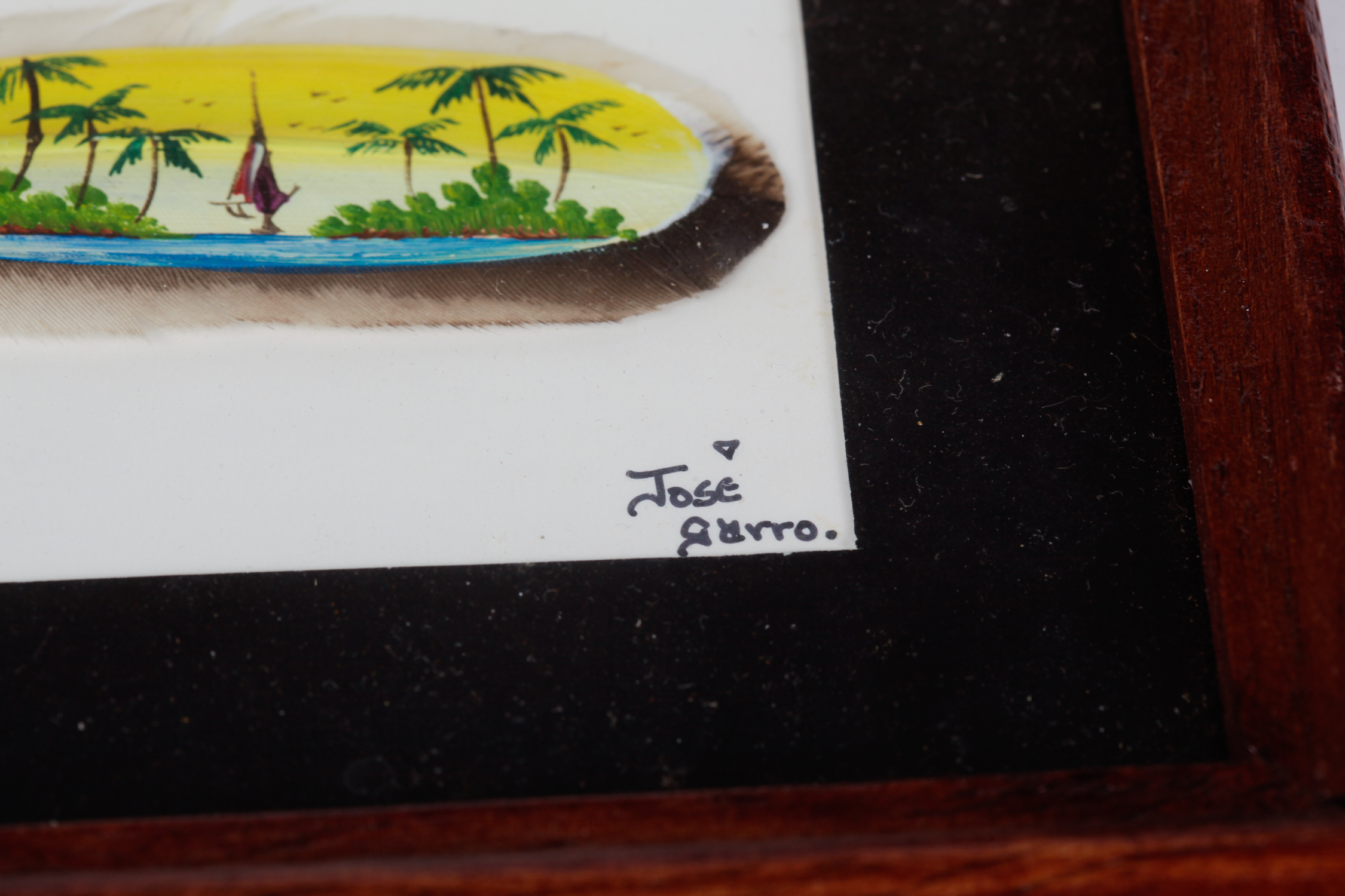 Pair of Framed Jose Garro Painted Feathers features paintings