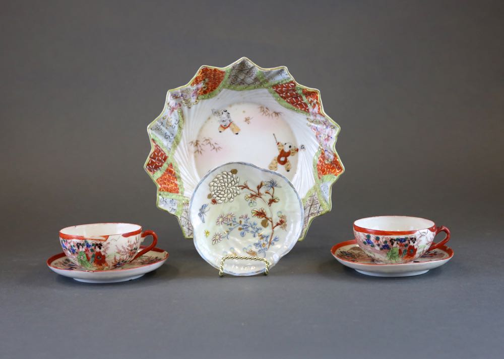Vintage Geisha Girl Porcelain Cups, Saucers, and Bowl