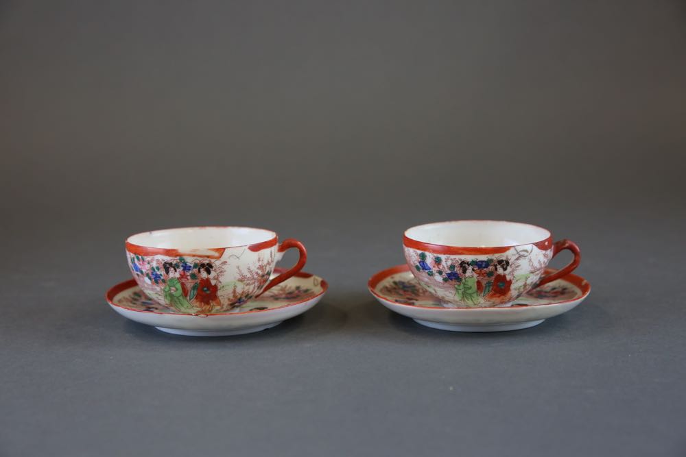 Vintage Geisha Girl Porcelain Cups, Saucers, and Bowl