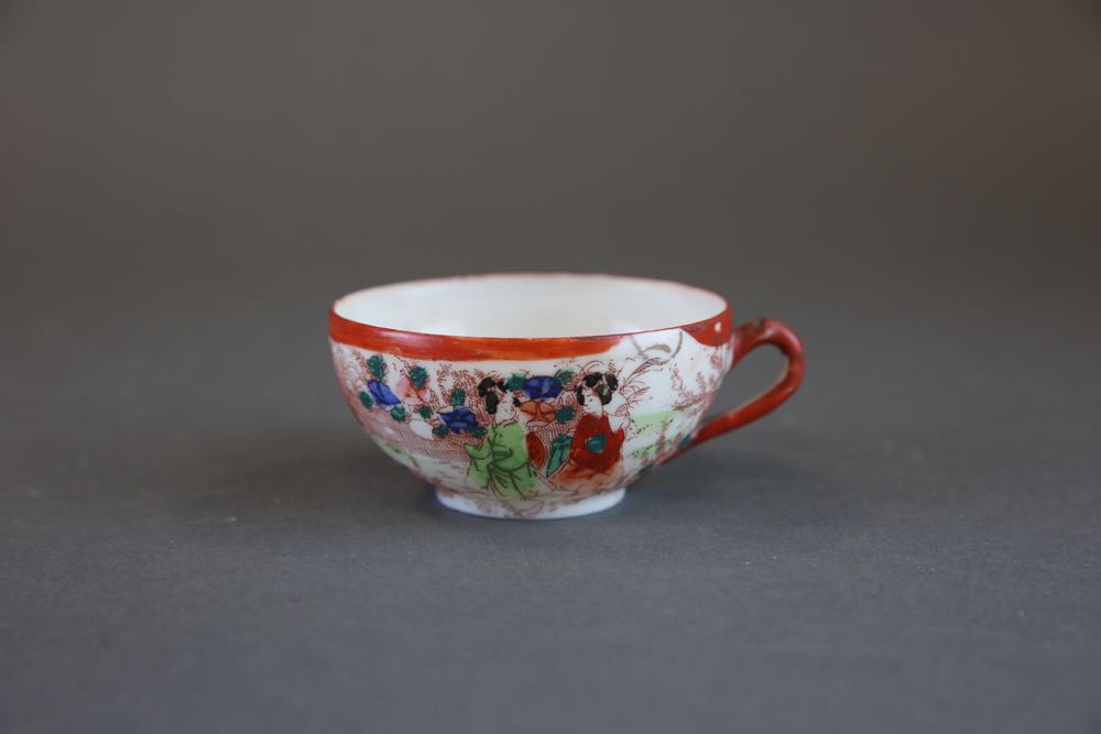 Vintage Geisha Girl Porcelain Cups, Saucers, and Bowl