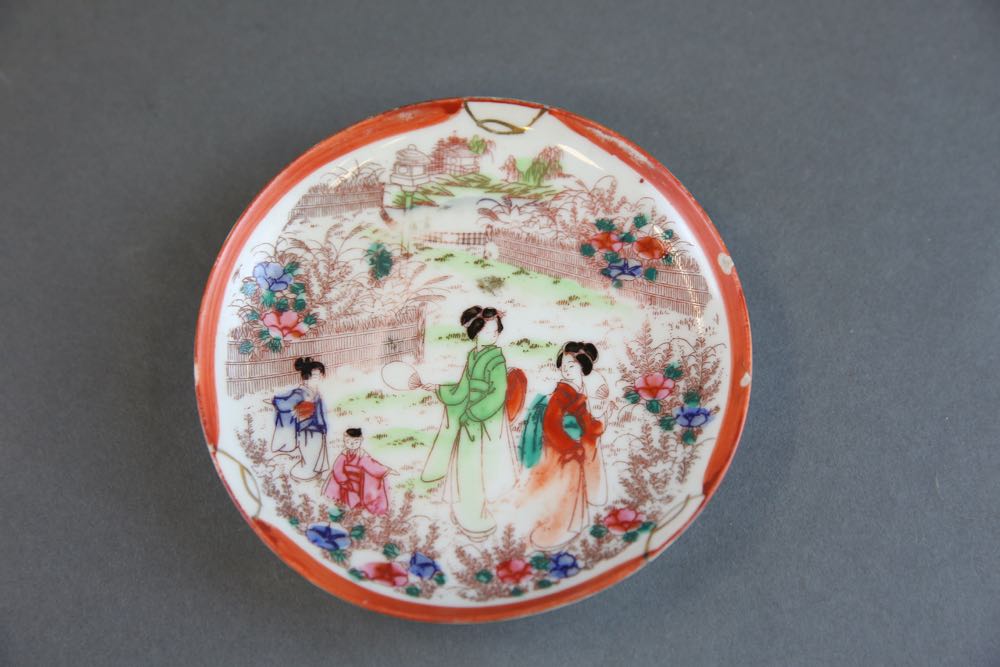 Vintage Geisha Girl Porcelain Cups, Saucers, and Bowl