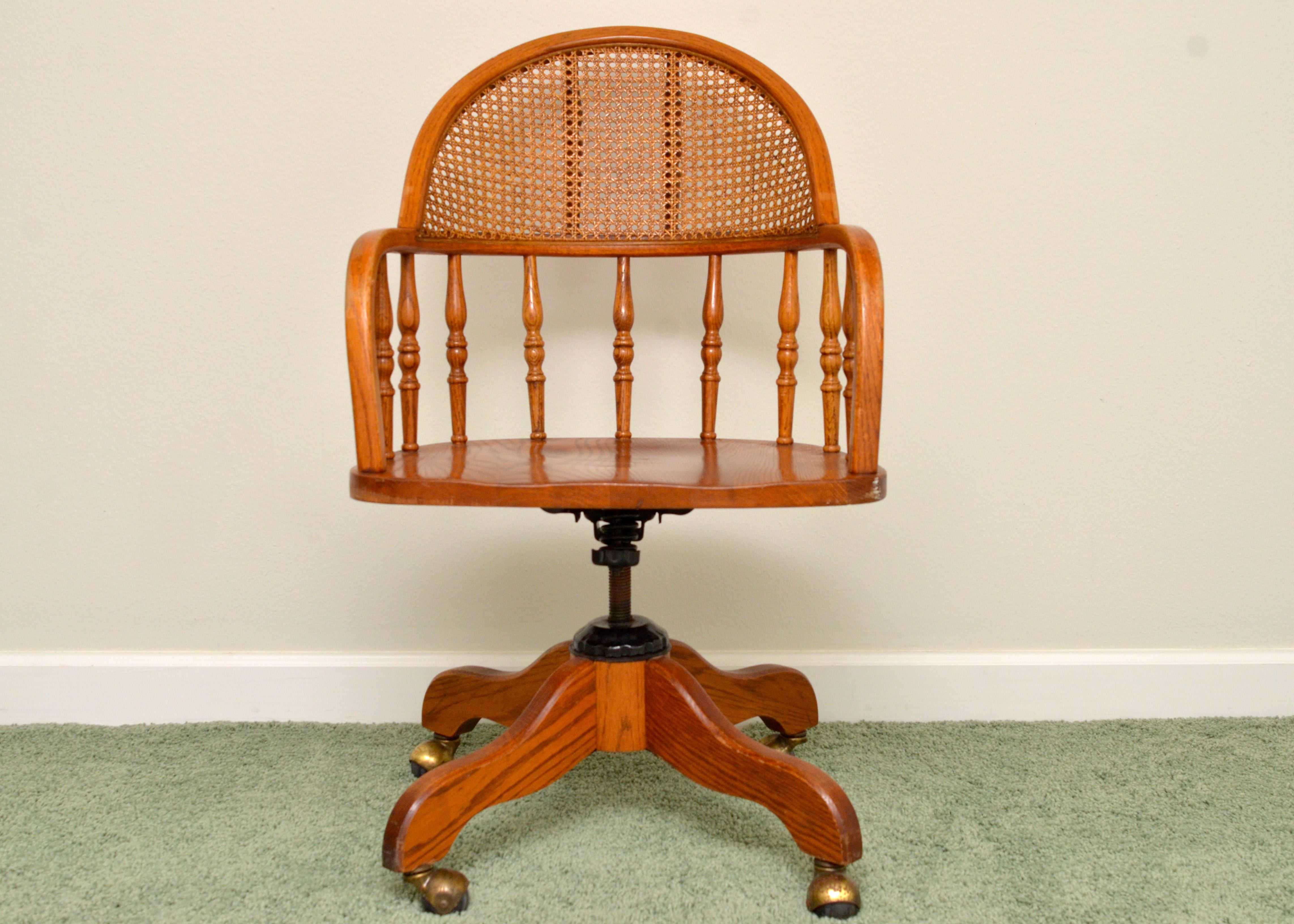 Solid Oak Swivel Desk Chair With Cane Back
