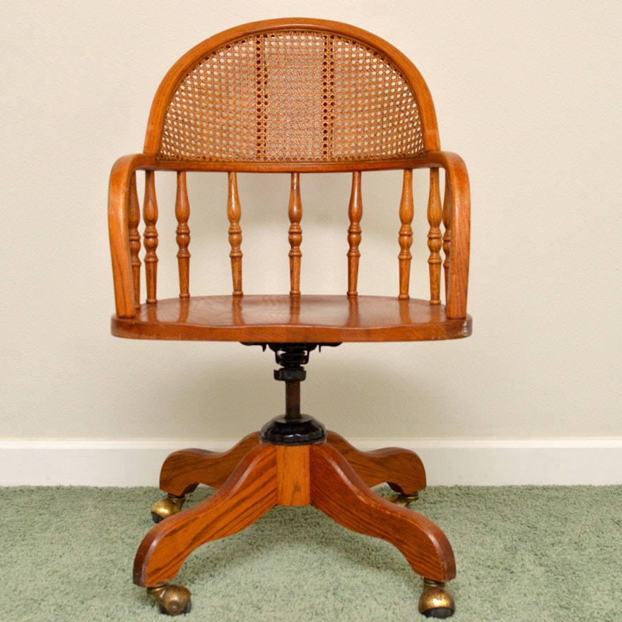 Solid Oak Swivel Desk Chair With Cane Back