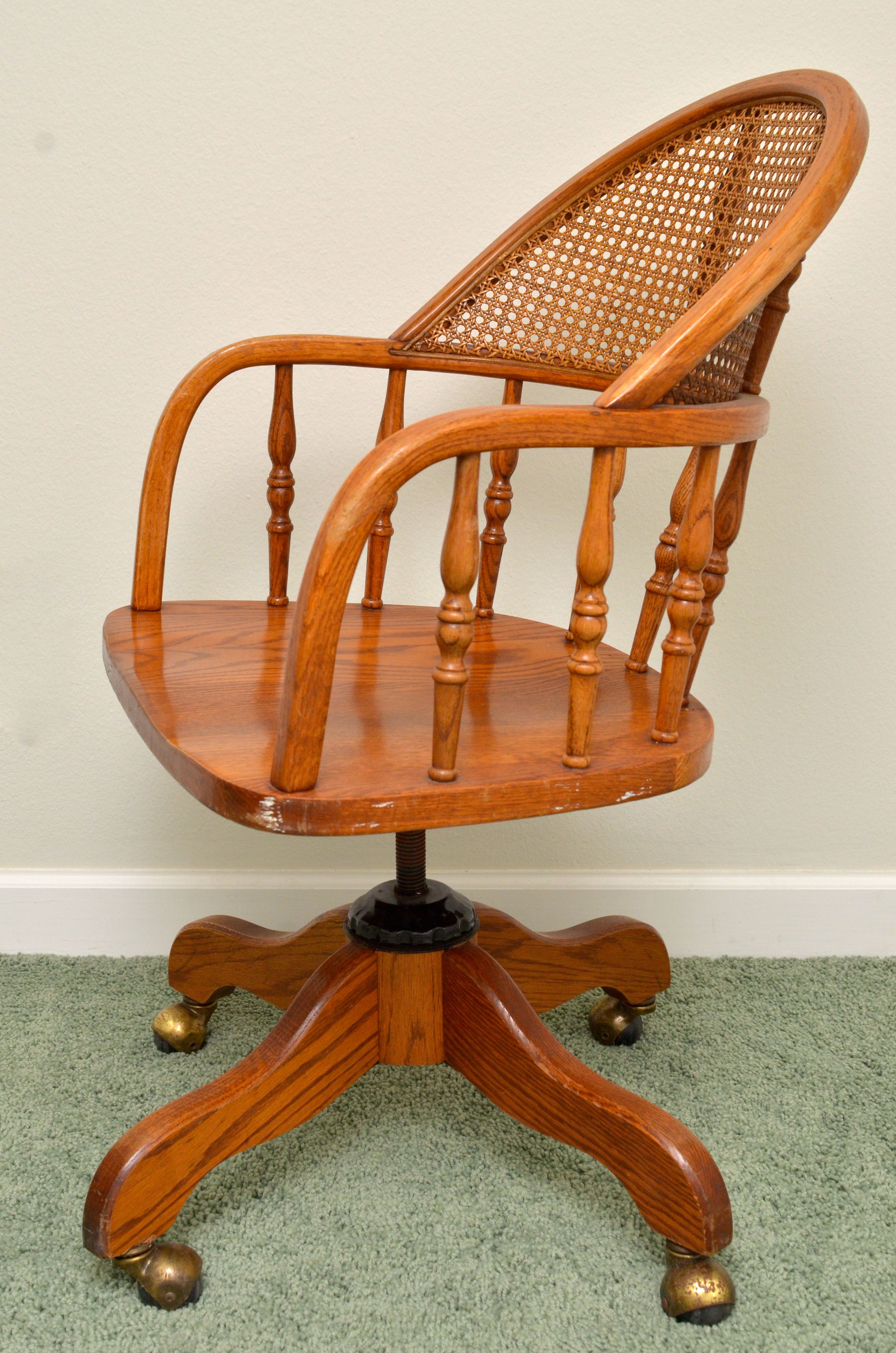 Solid Oak Swivel Desk Chair With Cane Back