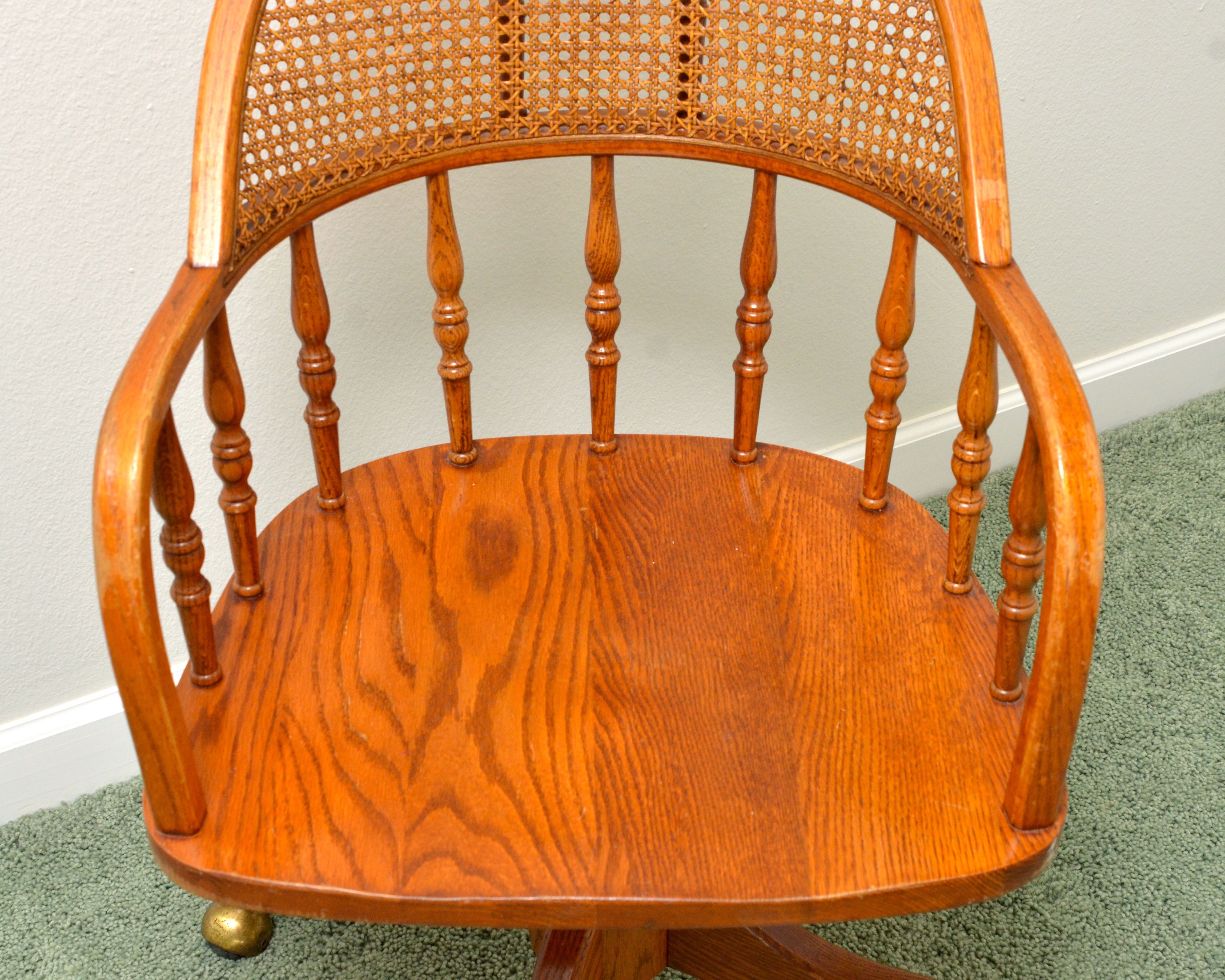 Solid Oak Swivel Desk Chair With Cane Back
