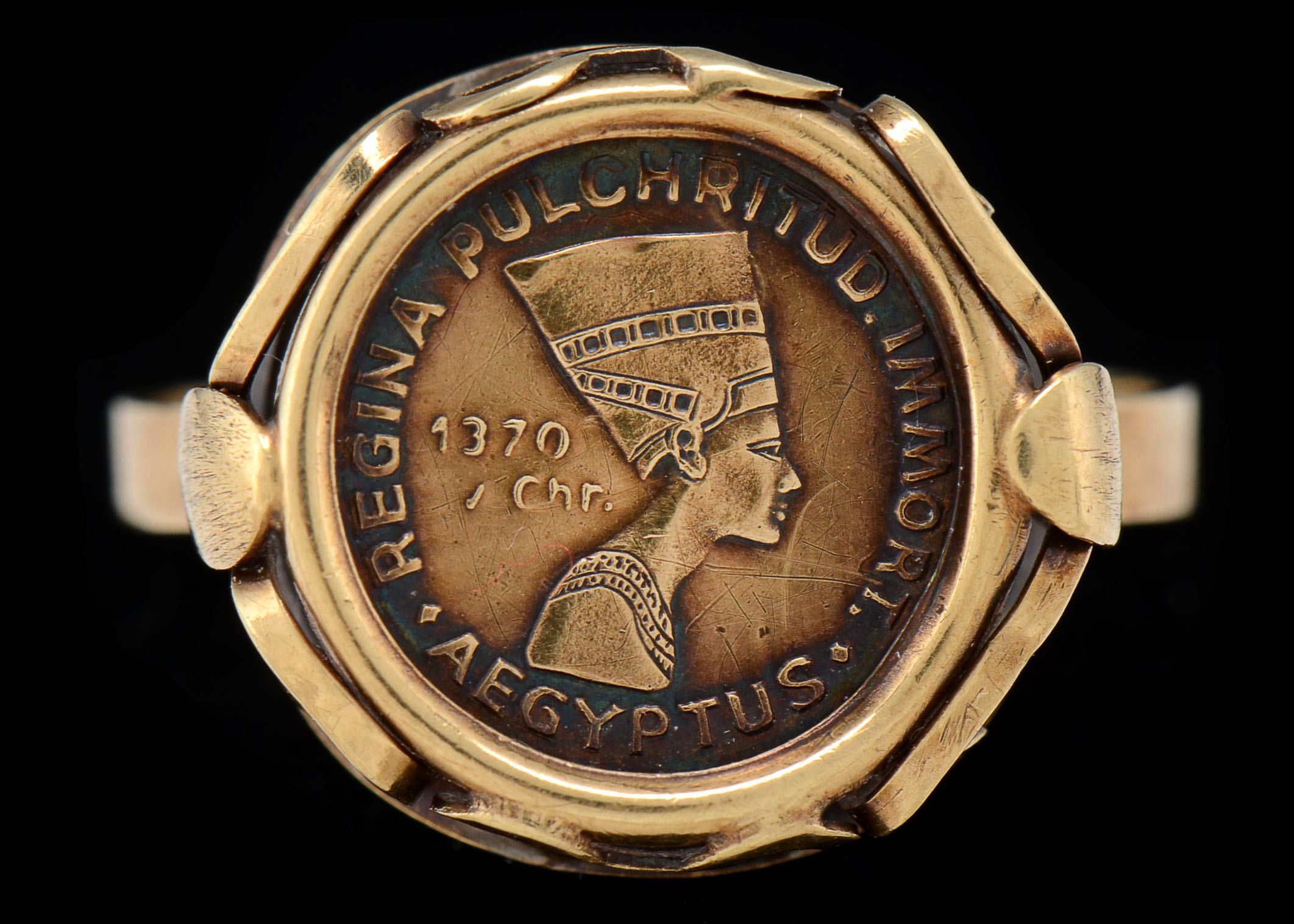 8K Yellow Gold Egyptian Revival Neferetti Coin Ring