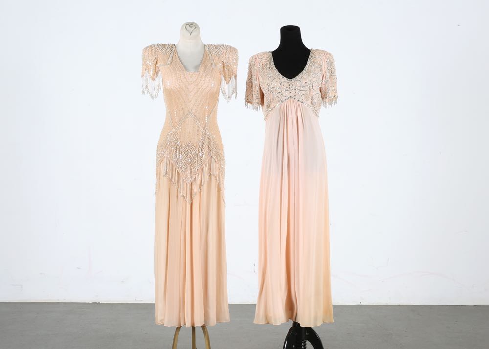 Two Vintage Beaded Evening Gowns