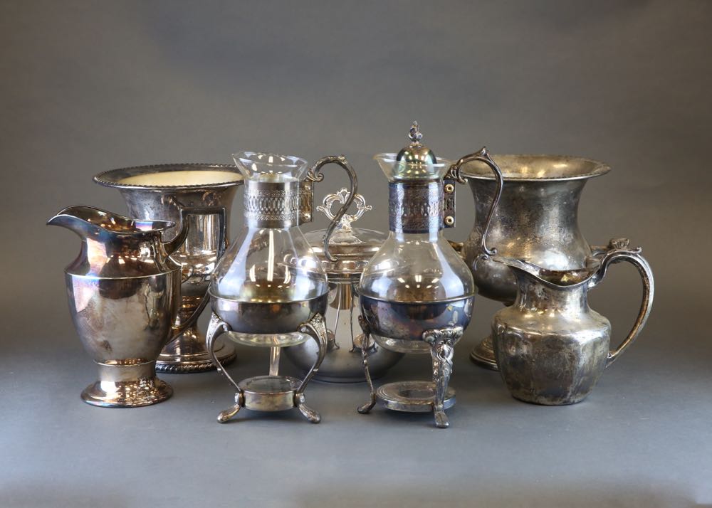 Vintage Silver Plate Ice Buckets, Pitchers, and Coffee Carafes