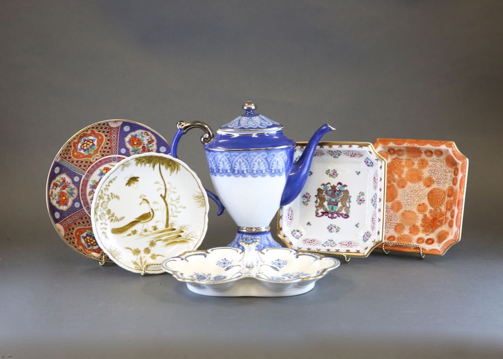 Blue and White Coffee Pot, Serving Dish, and Decorative Plates