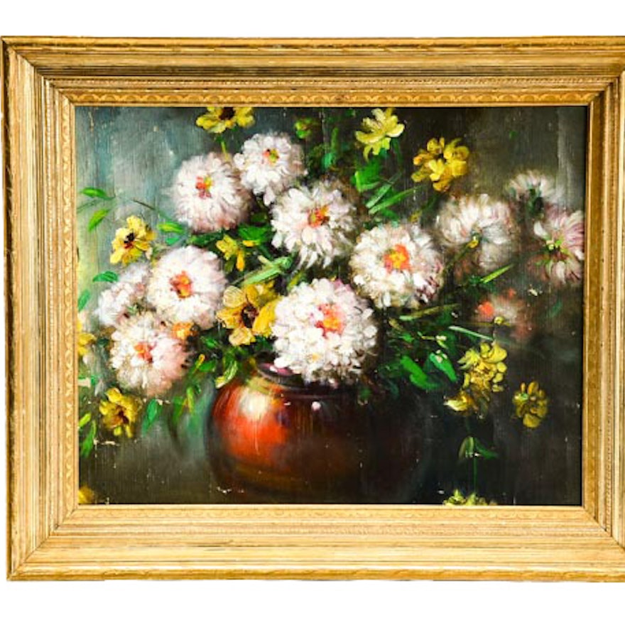 Vintage Oil Painting on Canvas of Zinnias in Vase