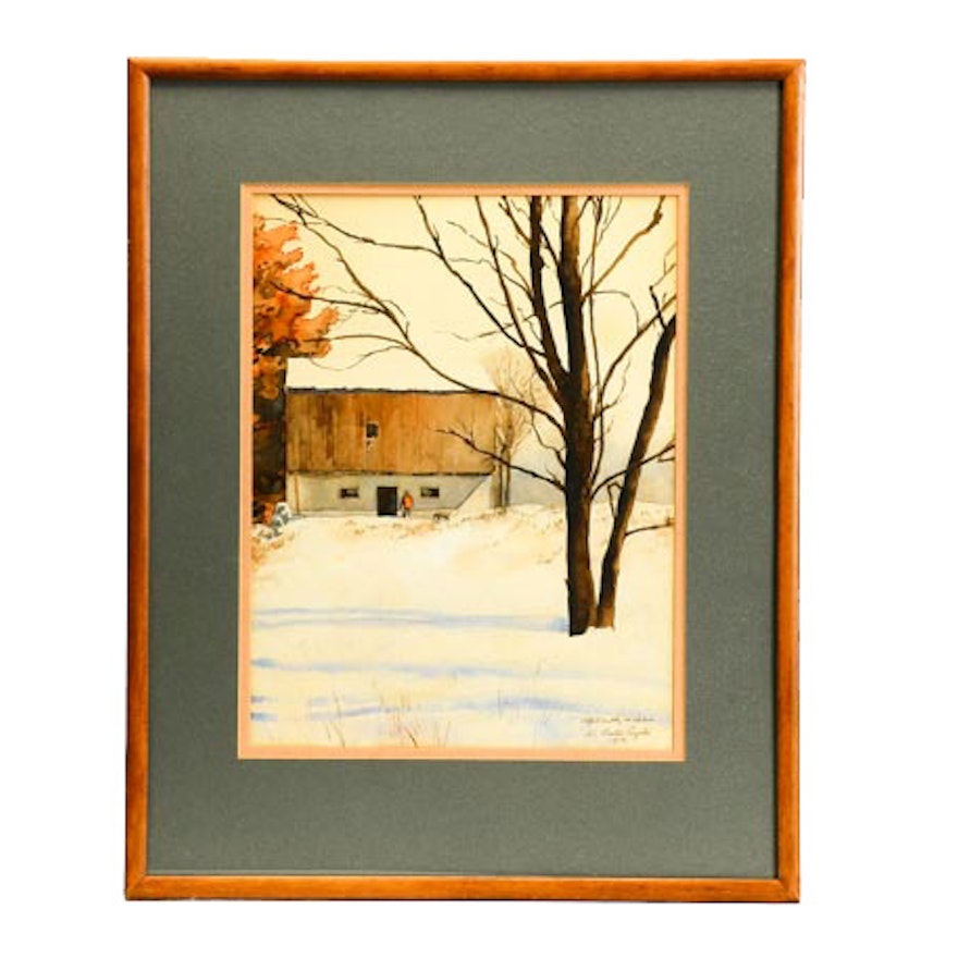 Vintage Watercolor Painting of Snowy Landscape with Barn