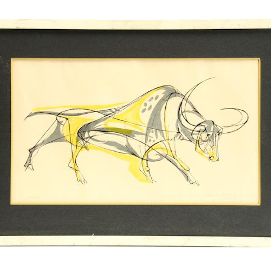 Rare Limited Edition 1950 Walter Bodmer Woodblock "Spotted Bull"