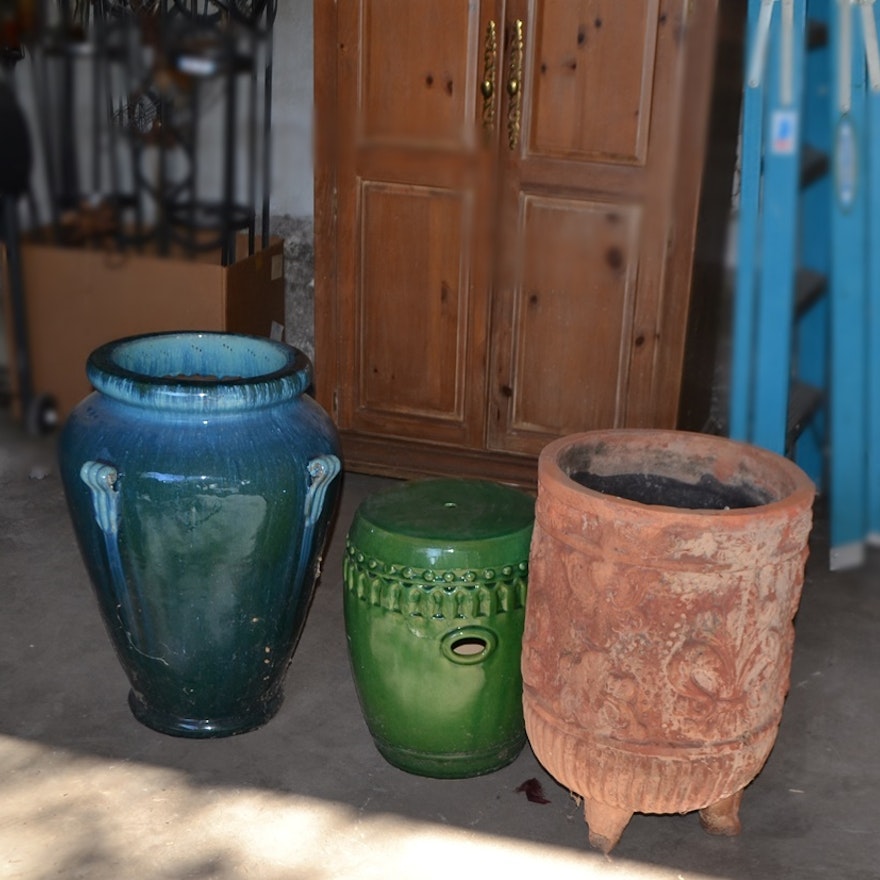 Large Pottery Oil Jar & Chinese Garden Stool From Pier 1 Imports