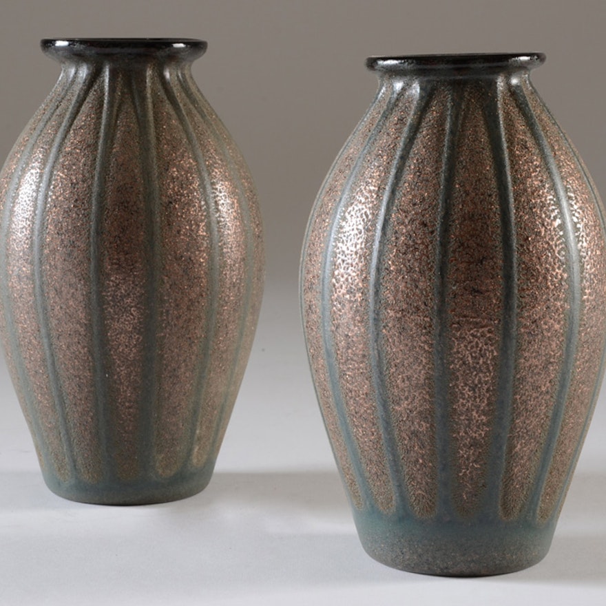 Pair of Copper-Gold and Green Vases