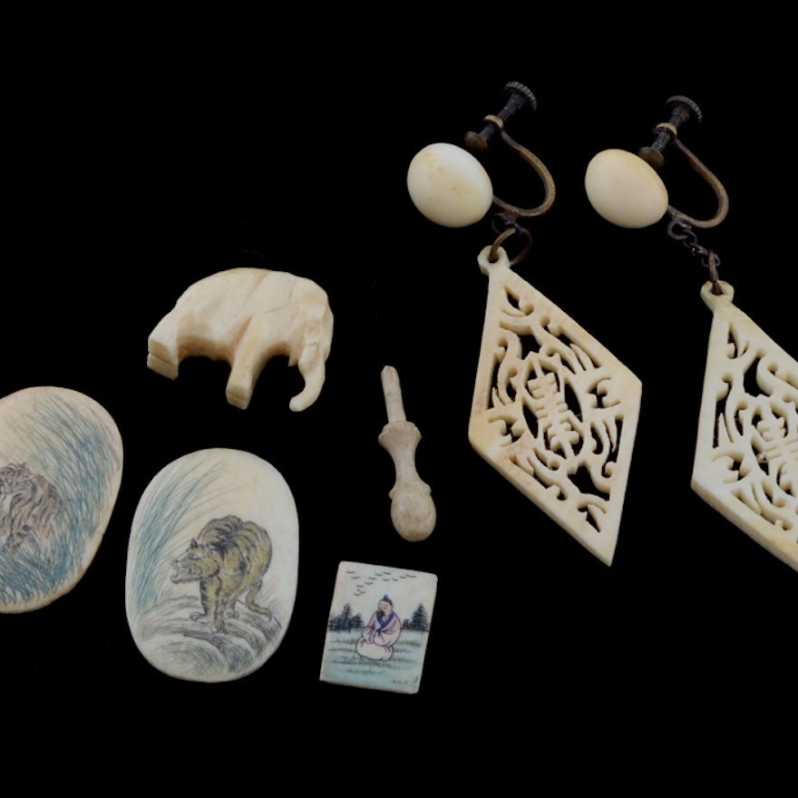 Carved Bone and Ivory Earrings, Game Tiles and More