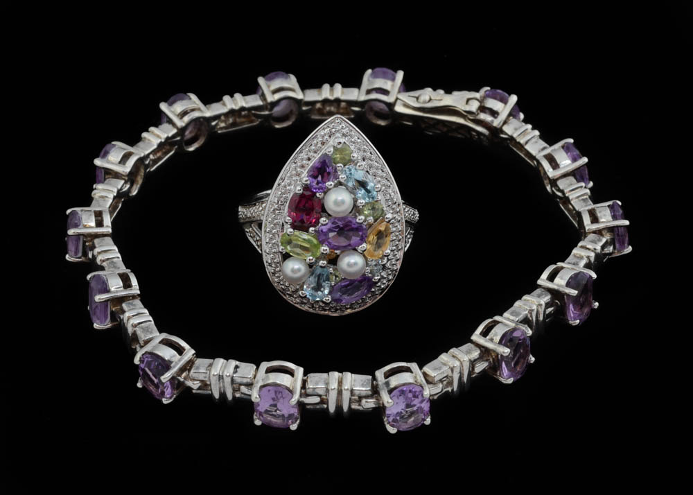 Sterling Silver Amethyst Bracelet and a Sterling Multi-Stone Ring