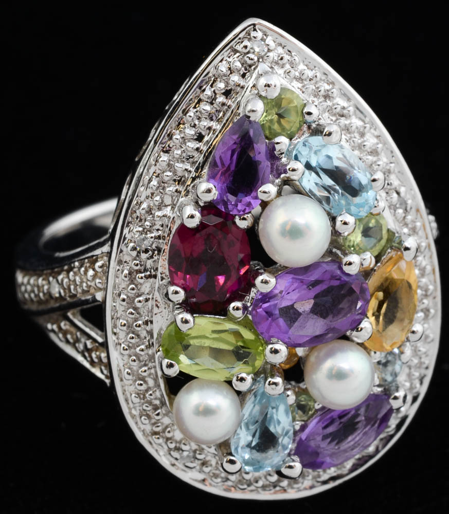 Sterling Silver Amethyst Bracelet and a Sterling Multi-Stone Ring