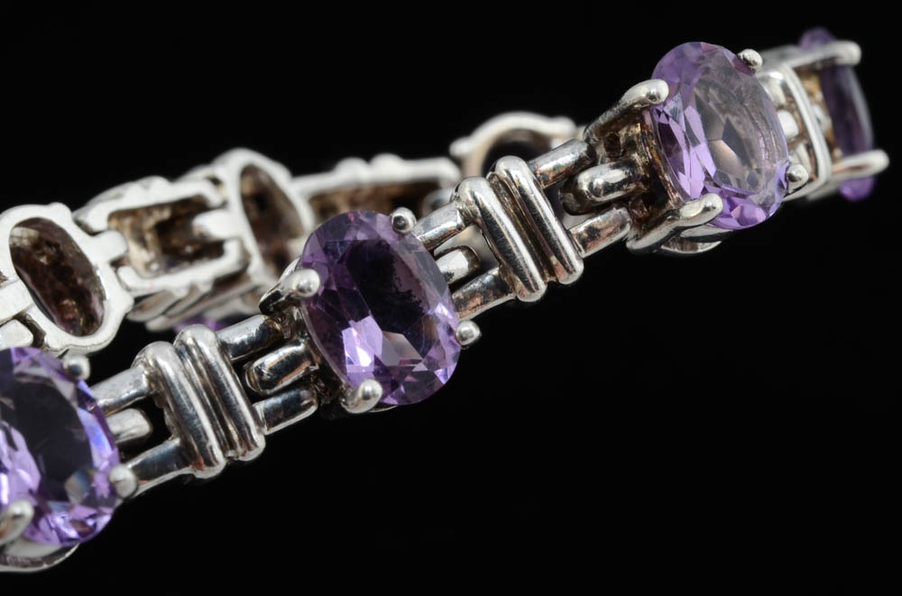 Sterling Silver Amethyst Bracelet and a Sterling Multi-Stone Ring