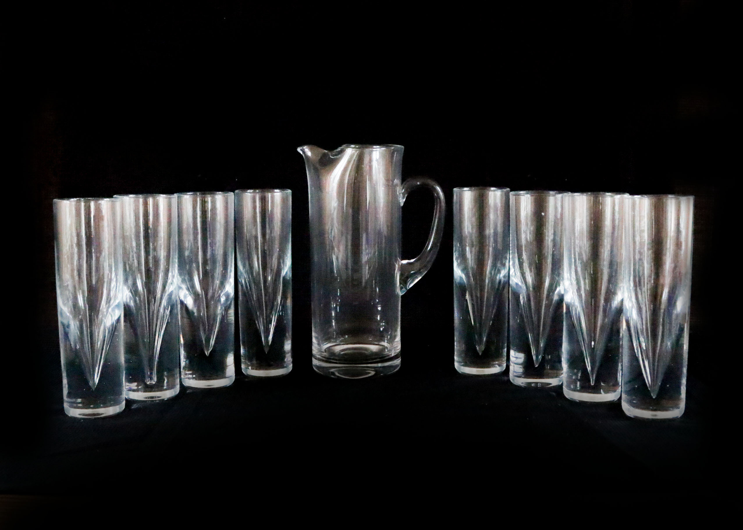 Modern Blown Glass Pitcher with Highball Glasses