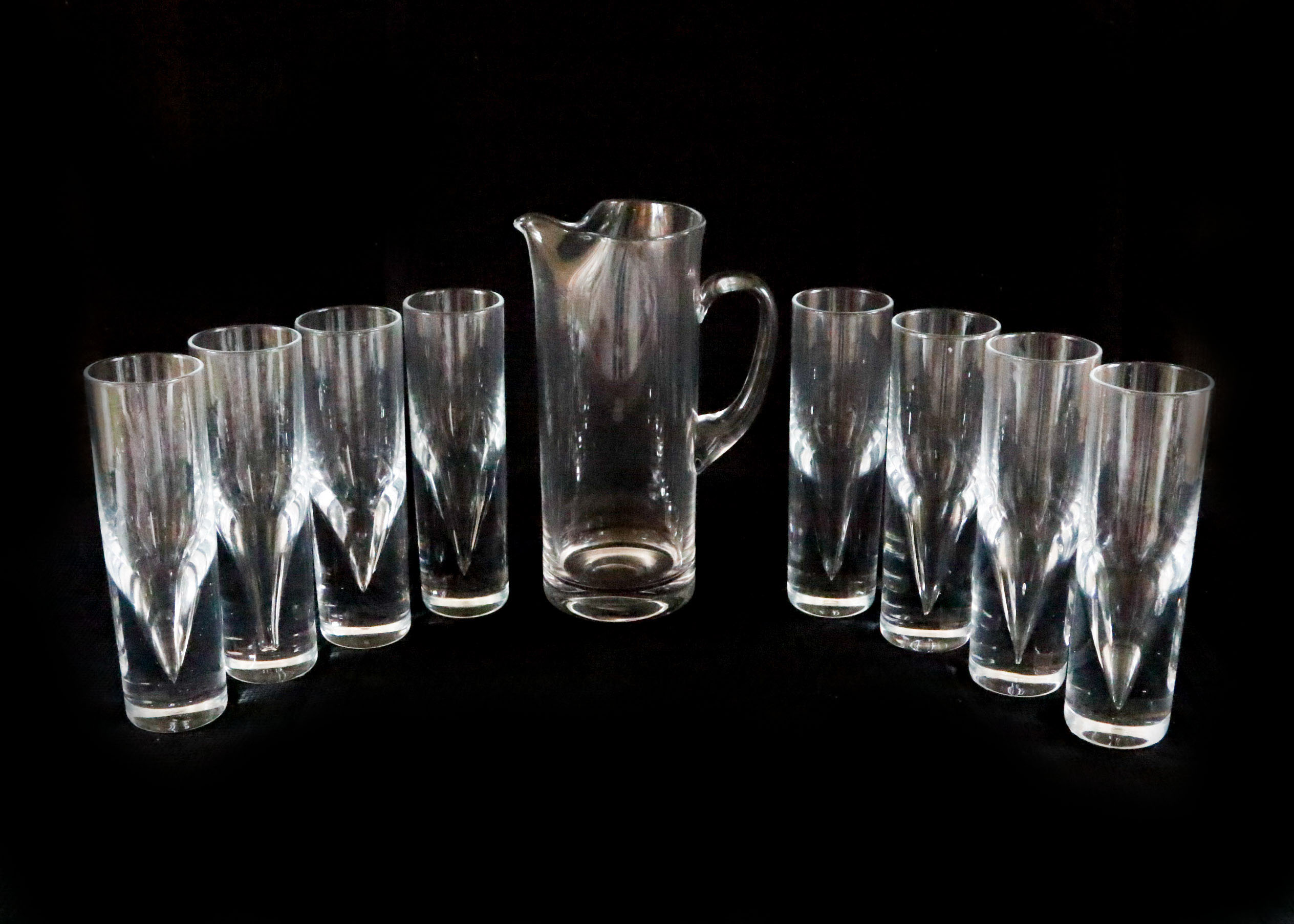 Modern Blown Glass Pitcher with Highball Glasses