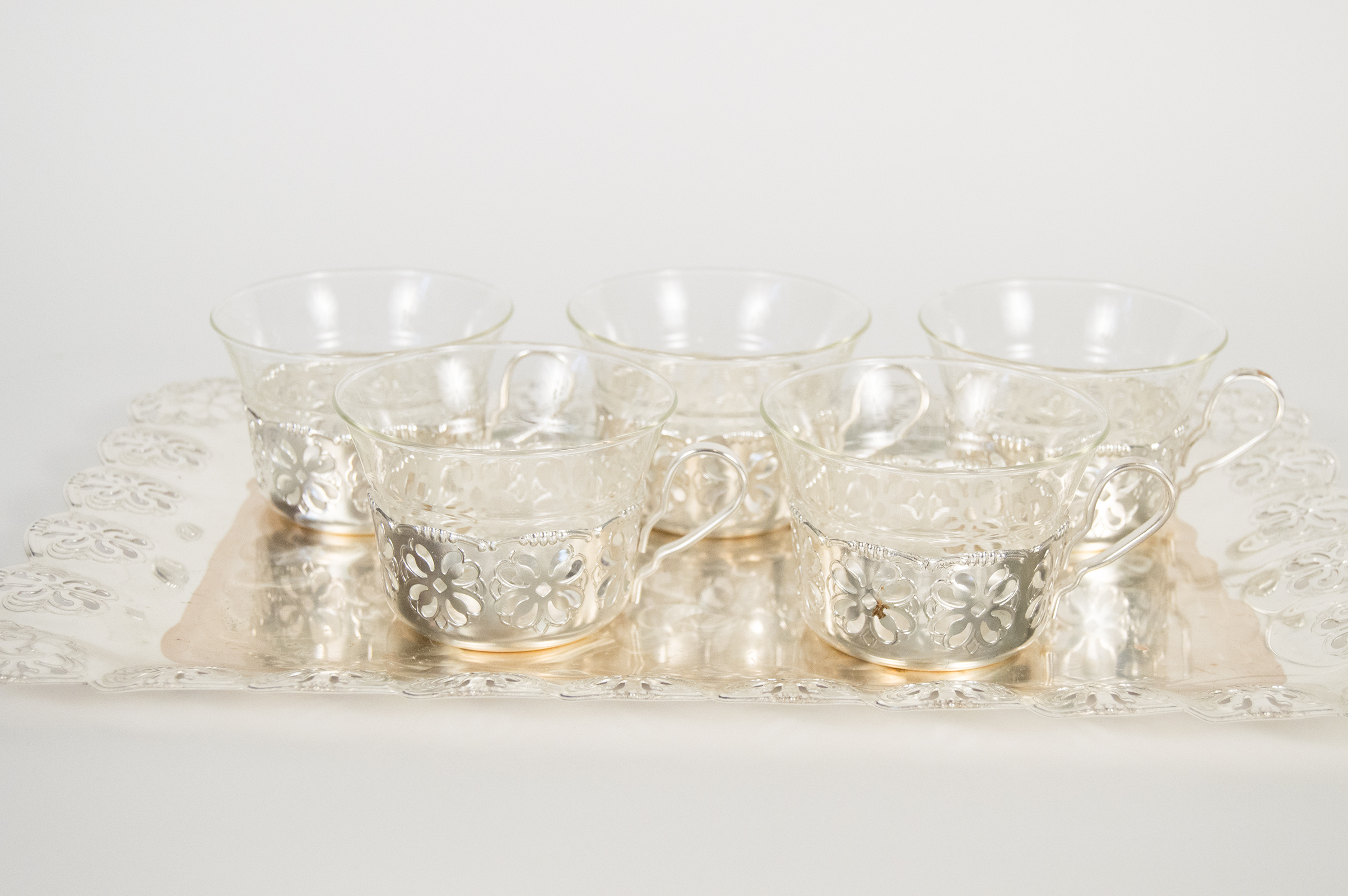 Glass and Metal Cup and Tray Set