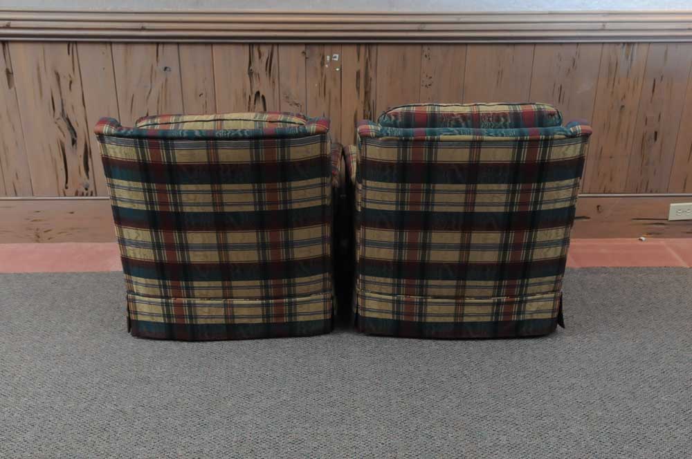 Pair of Plaid Armchairs and Ottoman