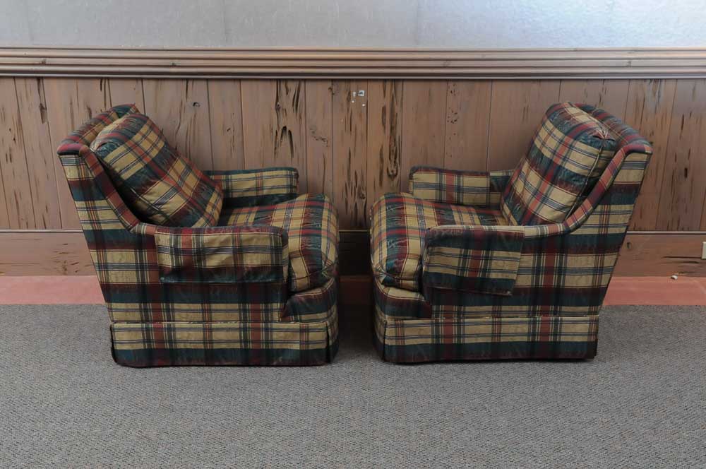 Pair of Plaid Armchairs and Ottoman