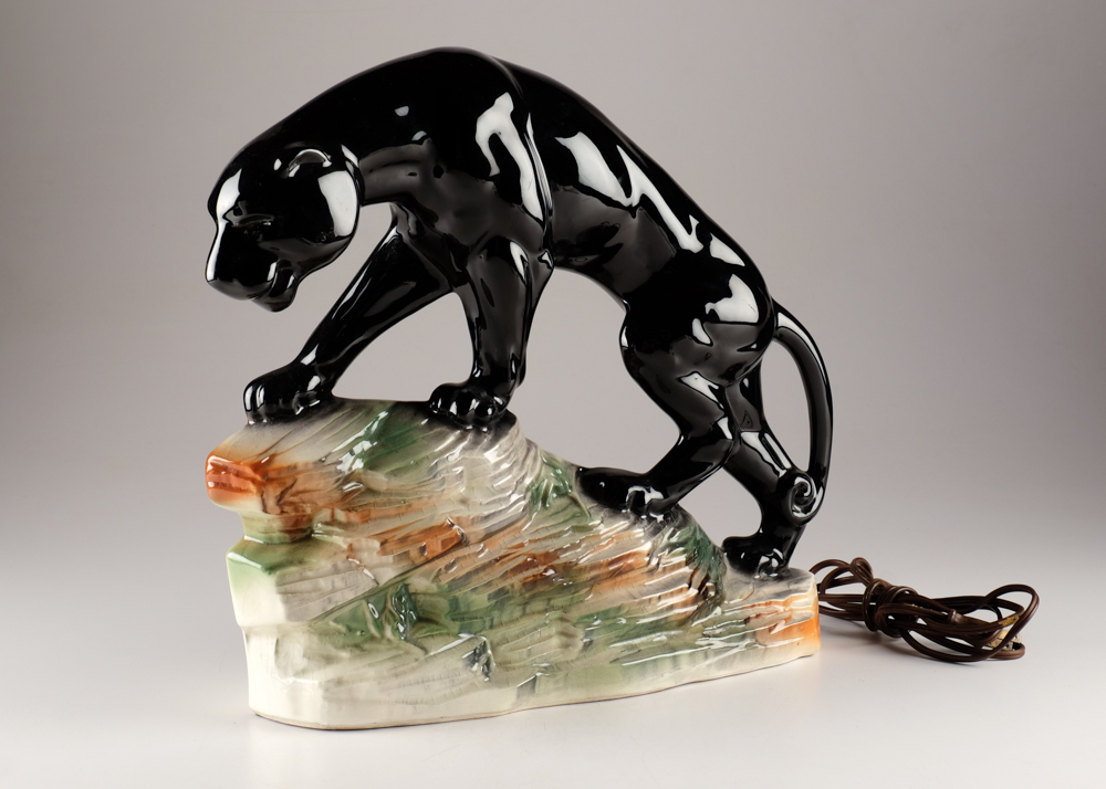 Circa 1950s Ceramic Black Panther TV Lamp