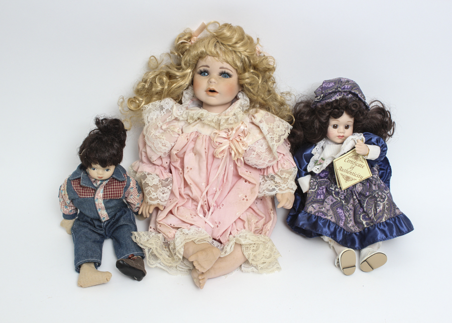 Porcelain Dolls with Curly Hair and Jean Vests