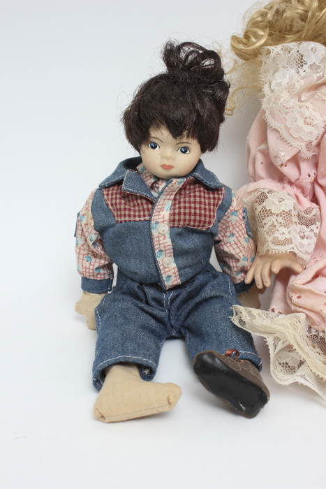 Porcelain Dolls with Curly Hair and Jean Vests