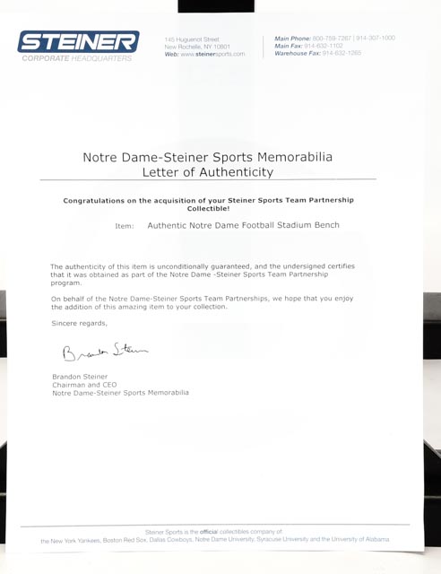 Notre Dame Stadium Seat Bench   Steiner  COA