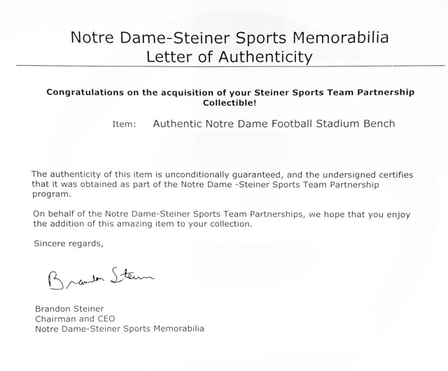 Notre Dame Stadium Seat Bench   Steiner  COA