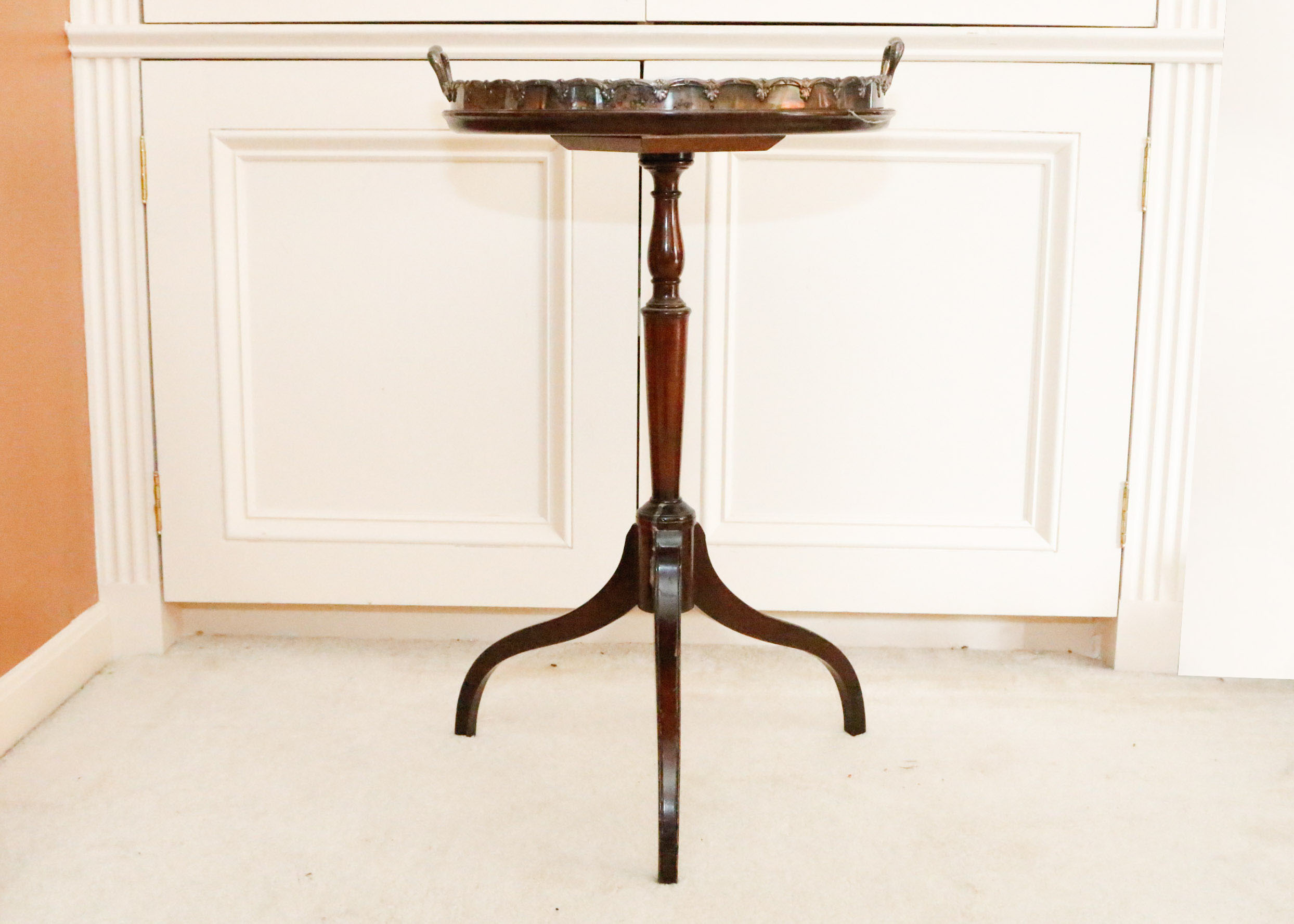 Mahogany Pedestal Side Table with Silver Plate Serving Tray