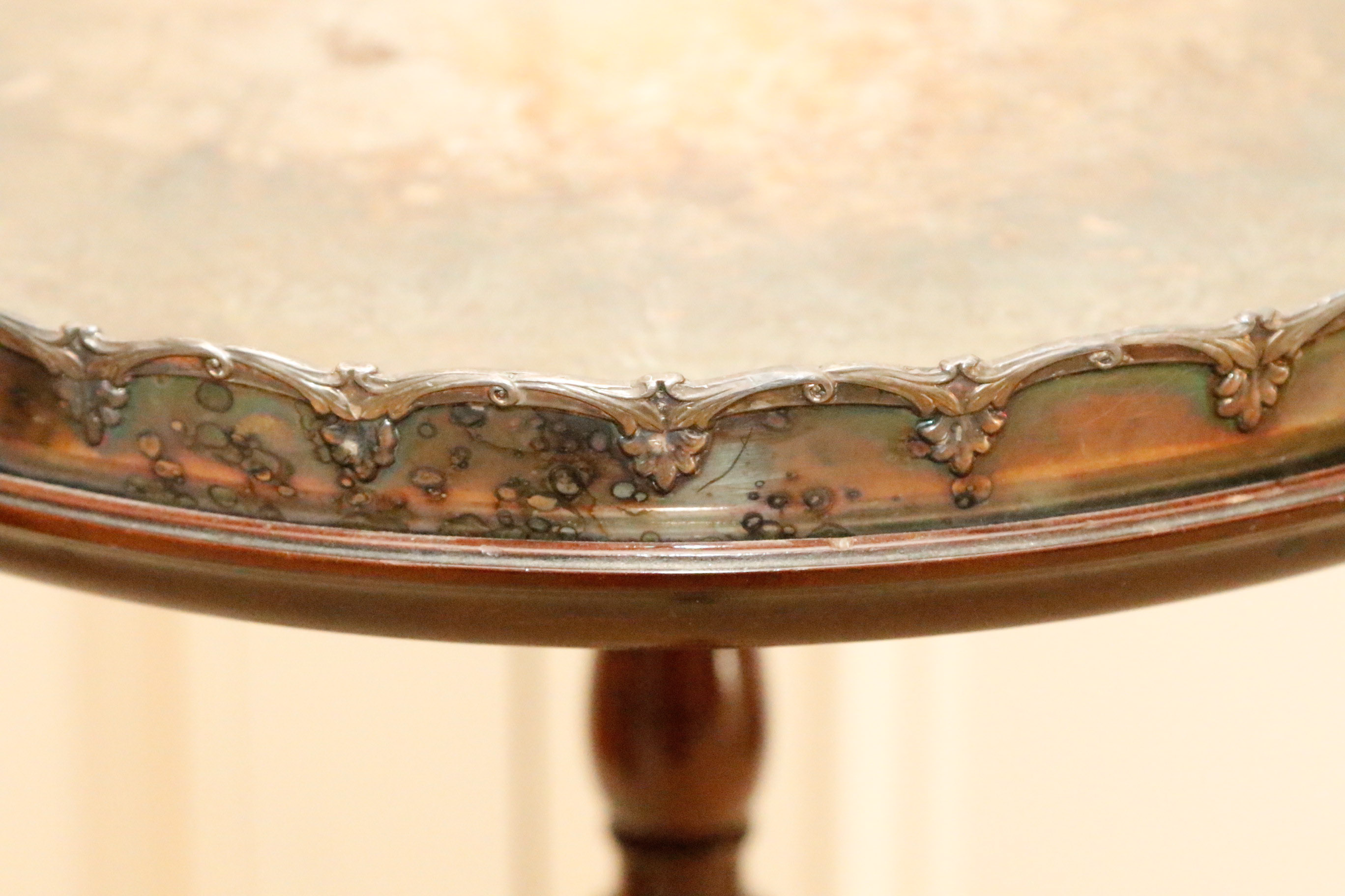 Mahogany Pedestal Side Table with Silver Plate Serving Tray