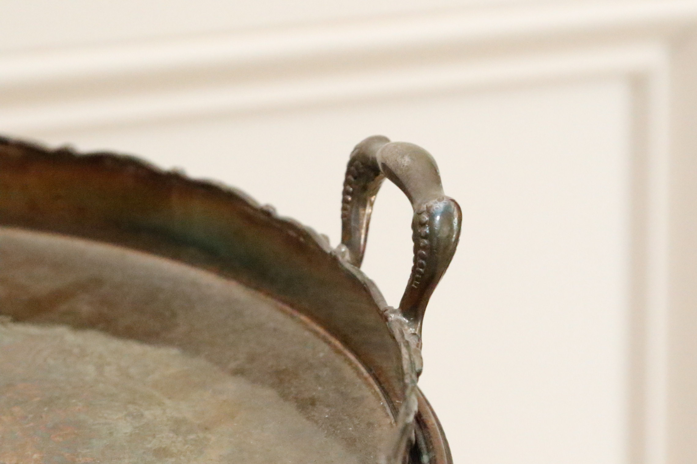 Mahogany Pedestal Side Table with Silver Plate Serving Tray