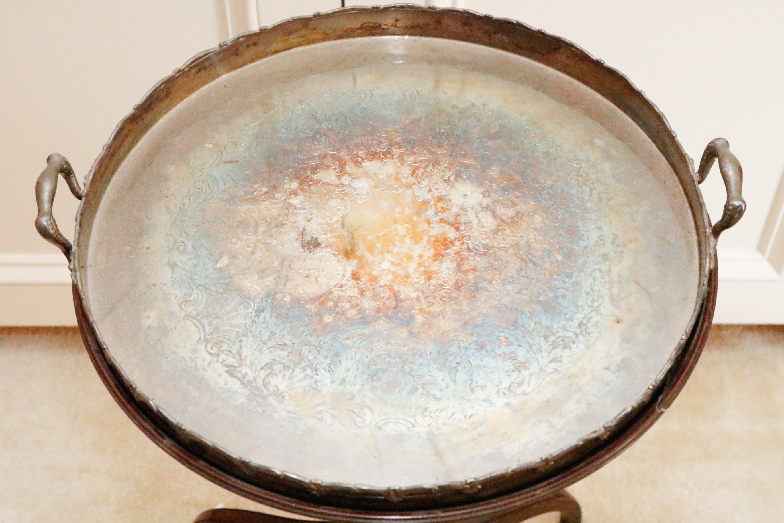Mahogany Pedestal Side Table with Silver Plate Serving Tray
