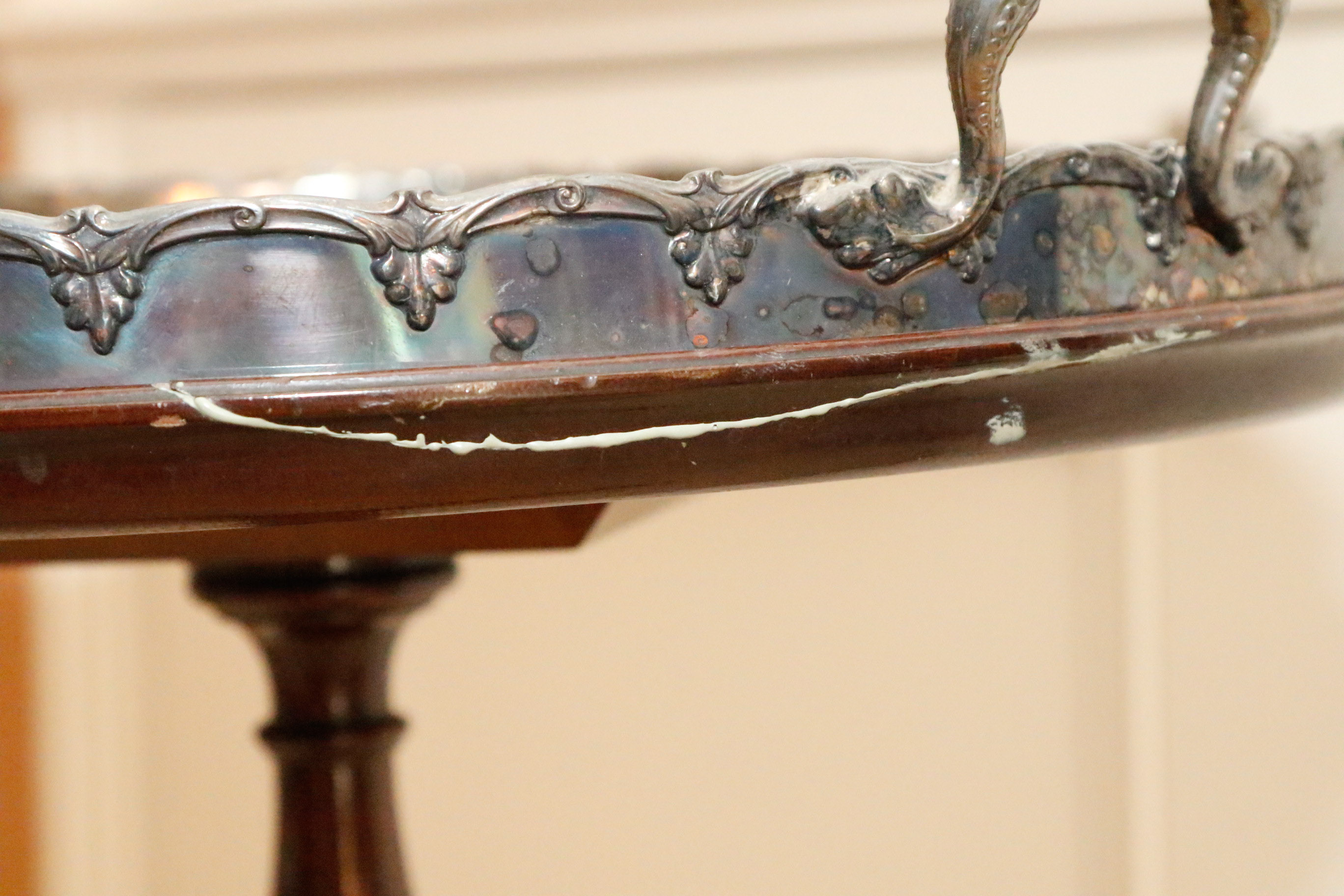Mahogany Pedestal Side Table with Silver Plate Serving Tray