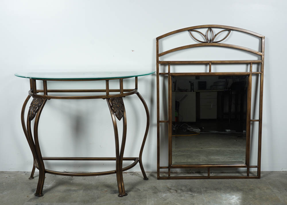 Metal Frame Glass Top Side Table with Matching Wall Mirror
