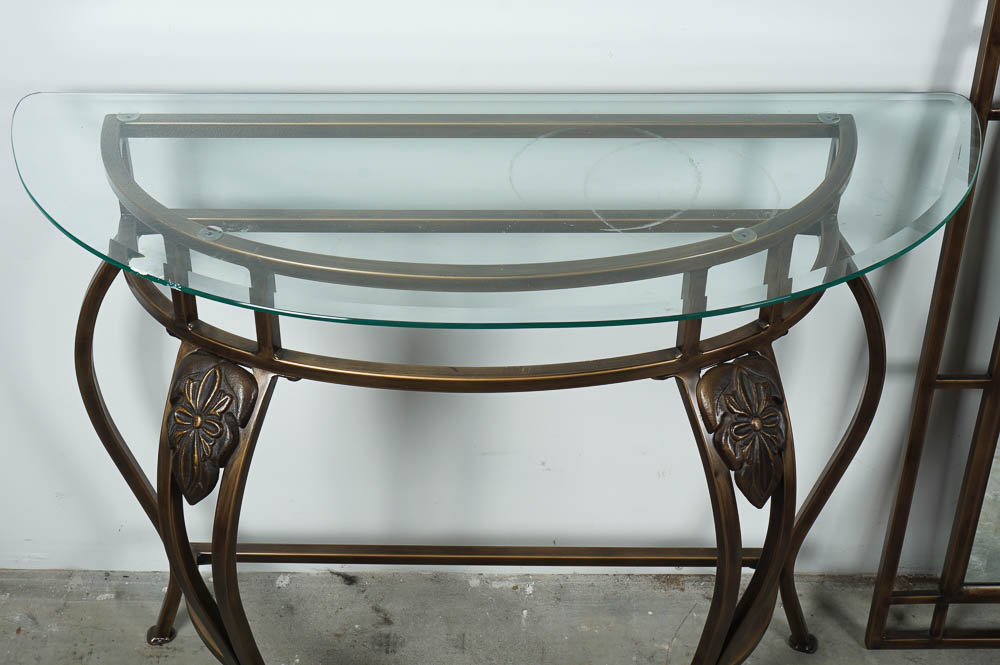 Metal Frame Glass Top Side Table with Matching Wall Mirror