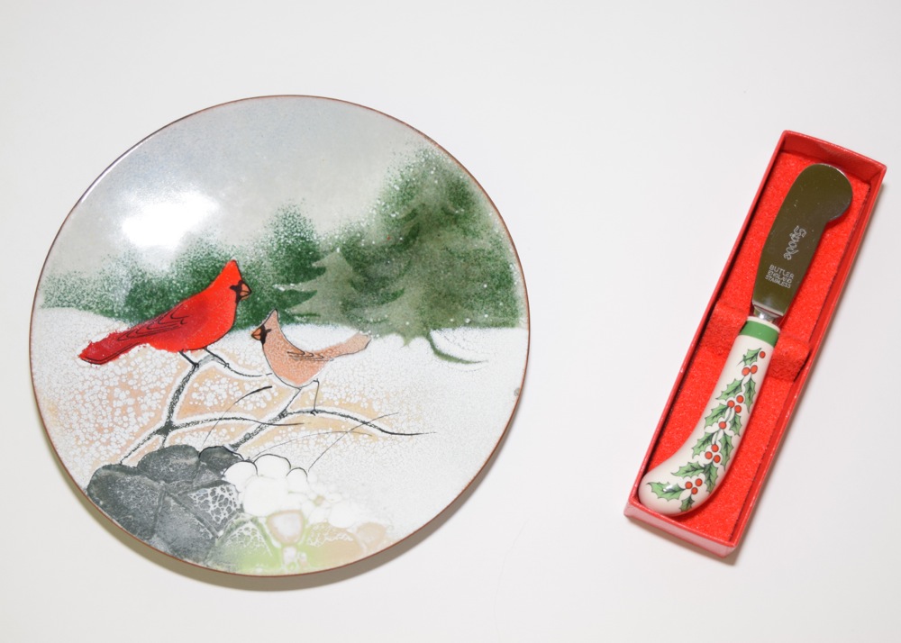 Spode Christmas Butter Knife and Enamel on Copper Plate