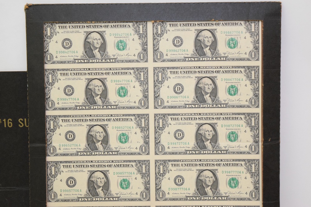 Collection of Uncut One Dollar Bills, Series 1981